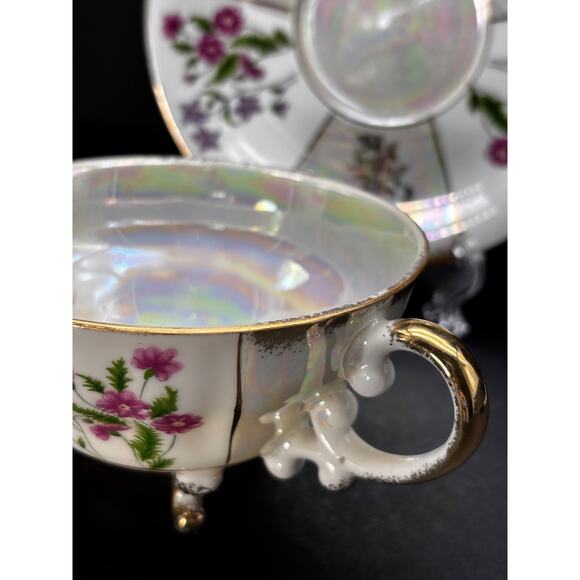 Vtg 3 Footed Teacup Saucer Pearlescent Irridescent Luster ware Floral Gold Trim - Picture 6 of 15